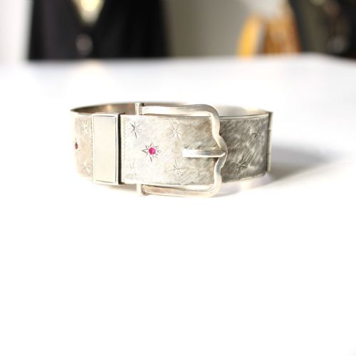 1960s Sterling Silver Ruby Celestial Star Buckle Bangle 53.7grams