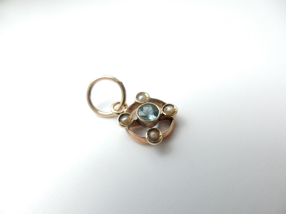 ANTIQUE 9CT GOLD SAPPHIRE & PEARL PENDANT CHARM View III