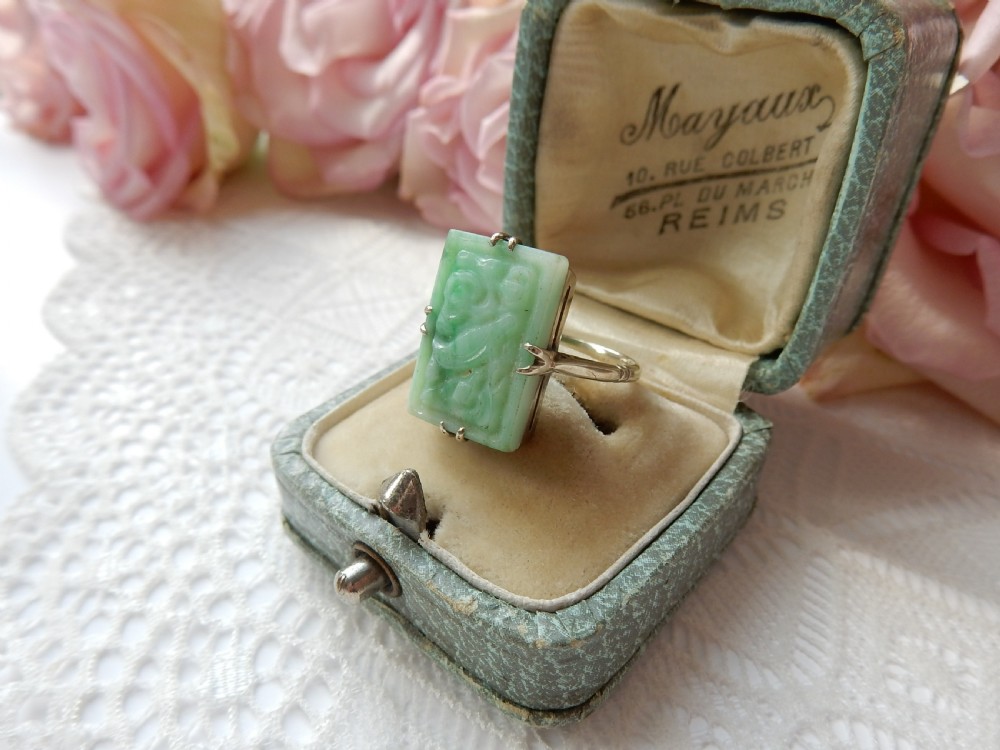 Art Deco Sterling Silver Carved Jade Ring US Size 5 1/4 UK L