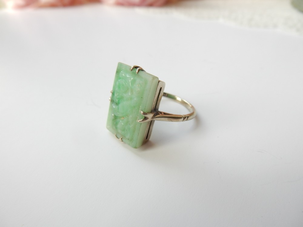 Art Deco Sterling Silver Carved Jade Ring US Size 5 1/4 UK L View II