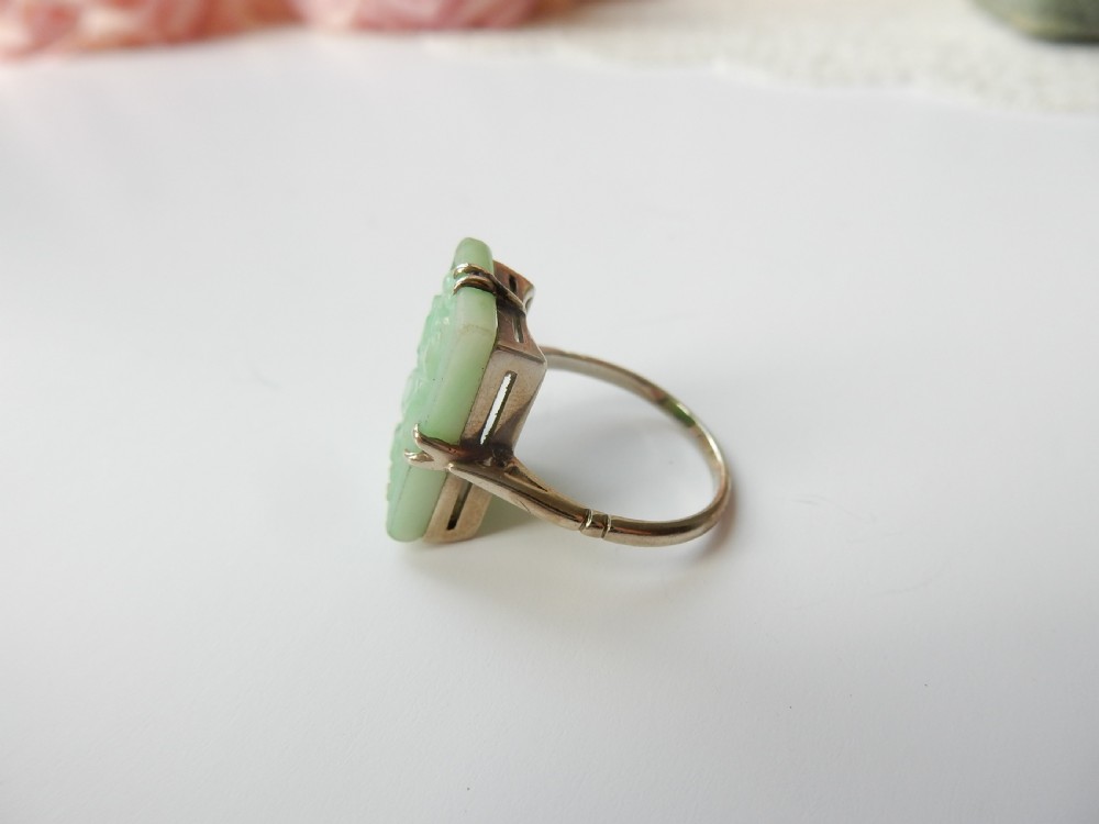 Art Deco Sterling Silver Carved Jade Ring US Size 5 1/4 UK L View III