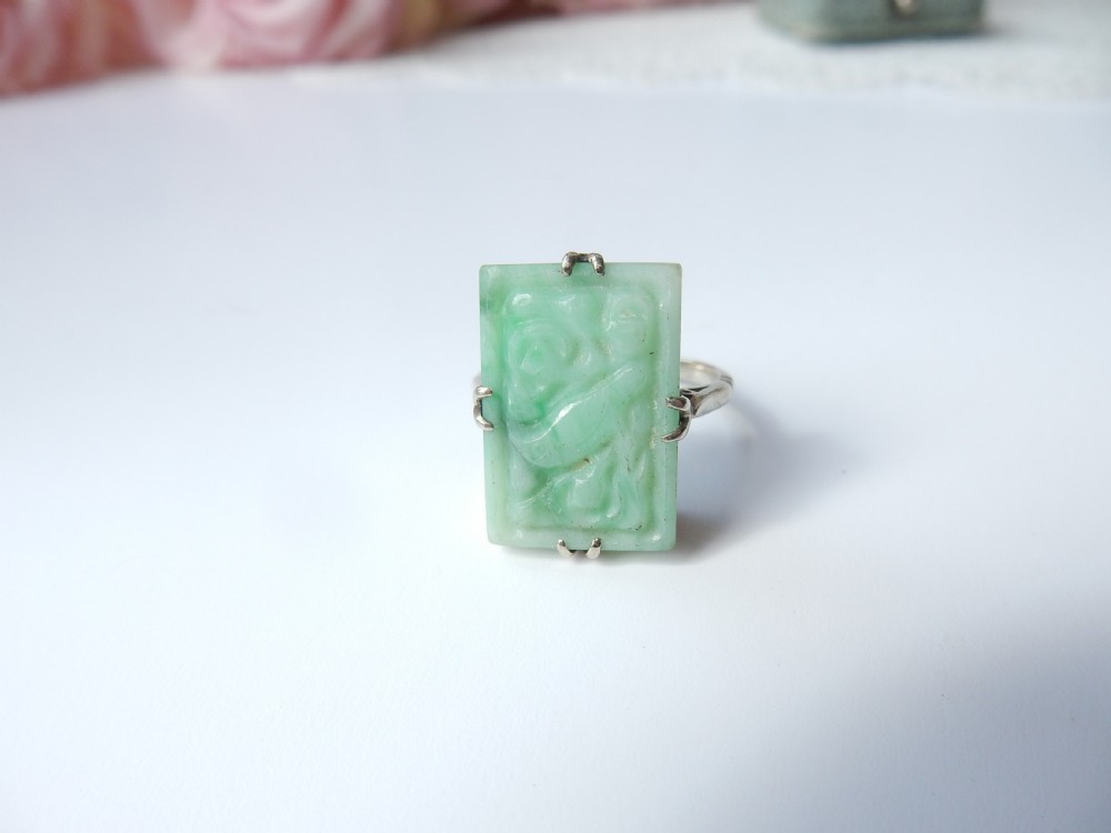Art Deco Sterling Silver Carved Jade Ring US Size 5 1/4 UK L View V