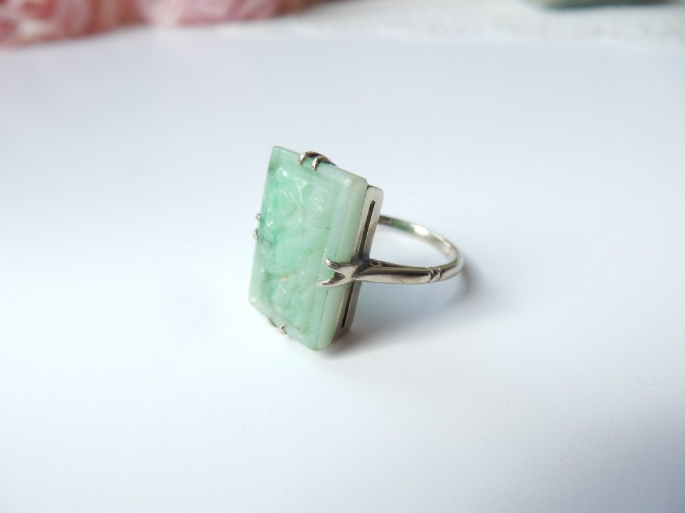 Art Deco Sterling Silver Carved Jade Ring US Size 5 1/4 UK L View VI