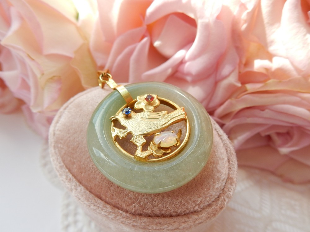 Vintage Jade Hoop Pendant with Opal Bird Detail