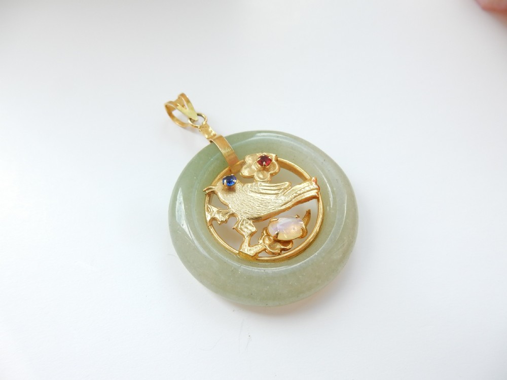 Vintage Jade Hoop Pendant with Opal Bird Detail View II