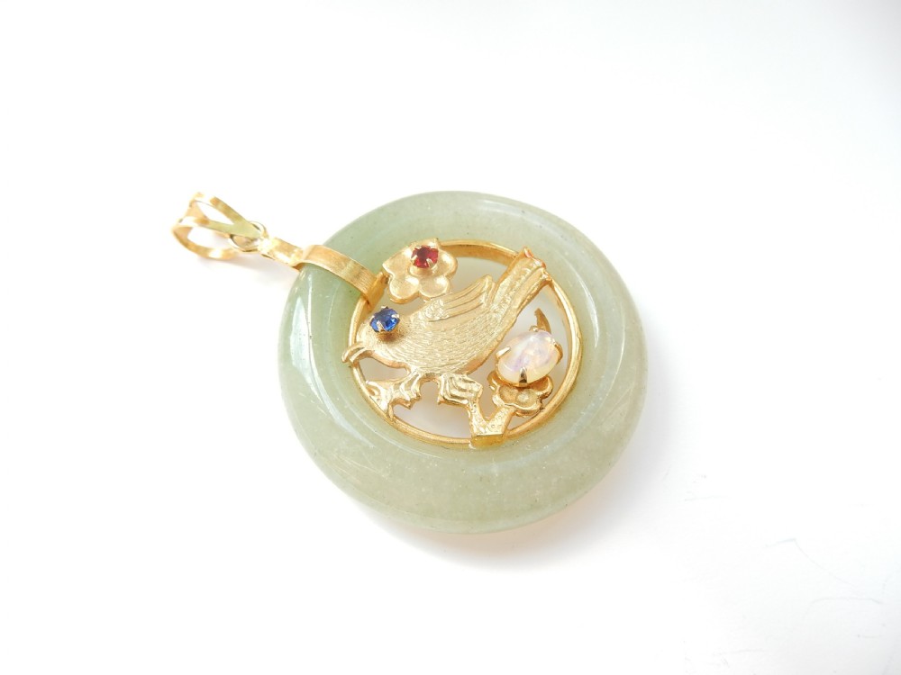 Vintage Jade Hoop Pendant with Opal Bird Detail View III