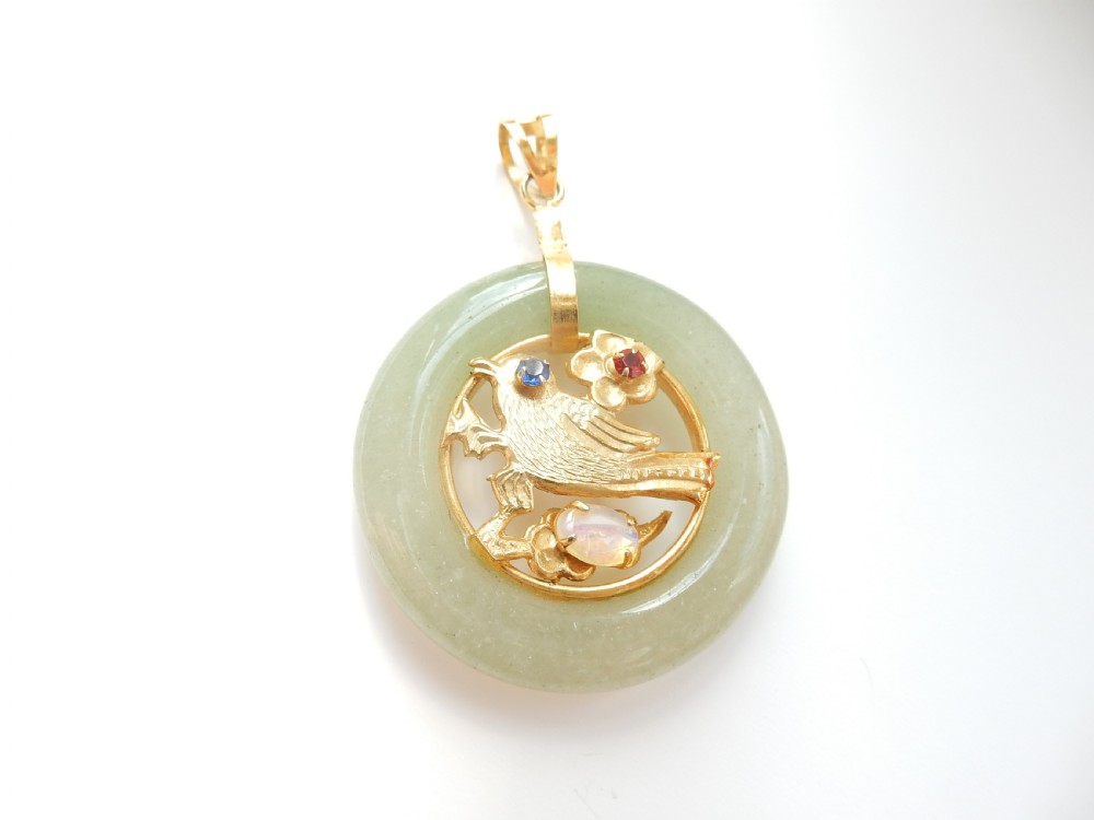 Vintage Jade Hoop Pendant with Opal Bird Detail View IV