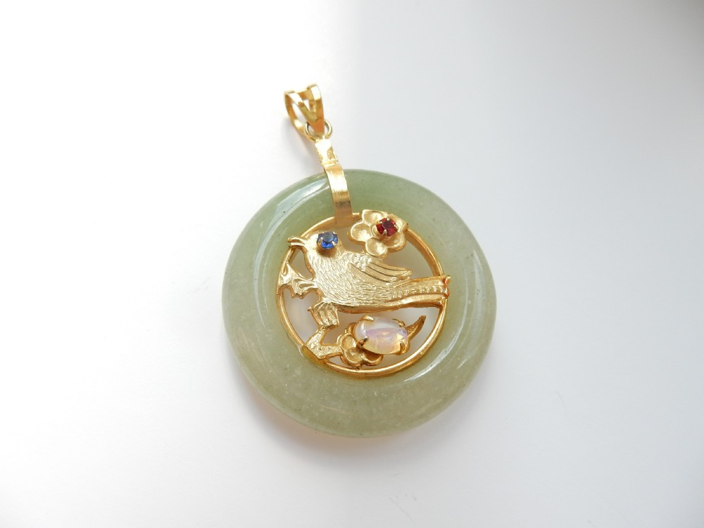 Vintage Jade Hoop Pendant with Opal Bird Detail View VI