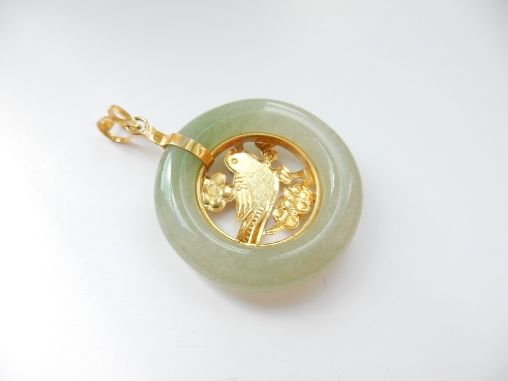 Vintage Jade Hoop Pendant with Opal Bird Detail View VII