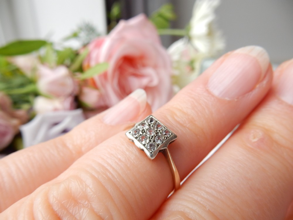 Art Deco 9ct Gold Diamond Plaque Ring View VIII