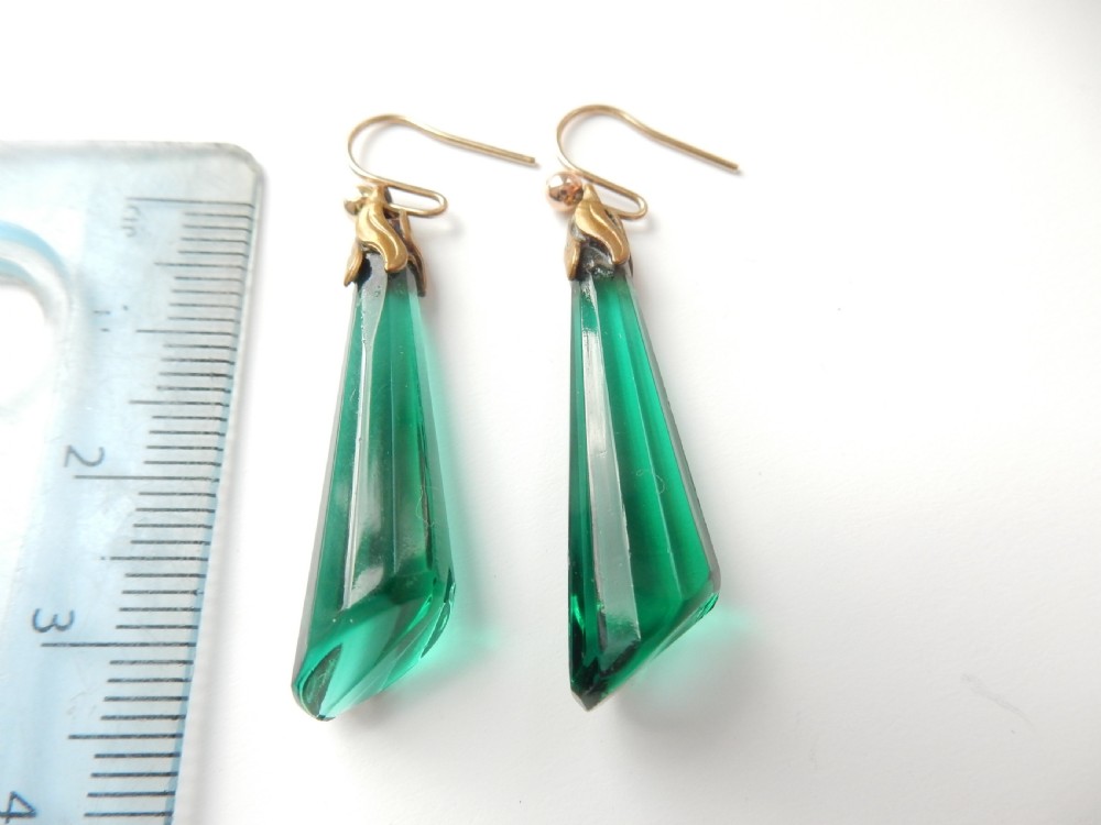 Vintage 9ct Gold Emerald Glass Earrings View IV