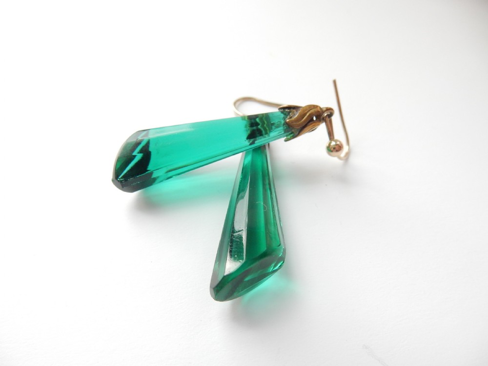 Vintage 9ct Gold Emerald Glass Earrings View VI