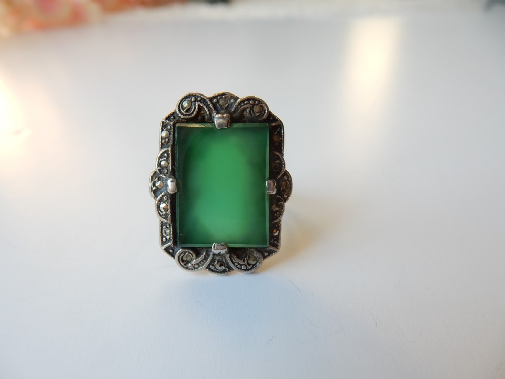 Art Deco Sterling Silver Green Chalcedony Ring  View II