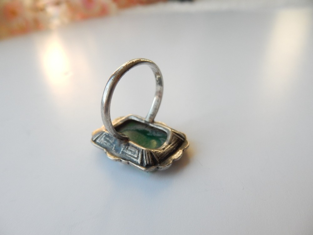 Art Deco Sterling Silver Green Chalcedony Ring  View V