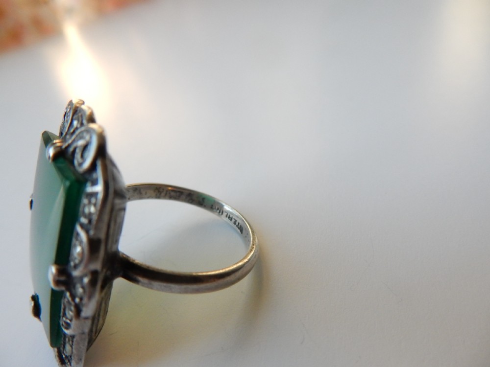 Art Deco Sterling Silver Green Chalcedony Ring  View VI