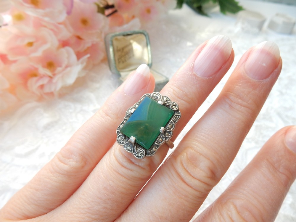 Art Deco Sterling Silver Green Chalcedony Ring  View VII