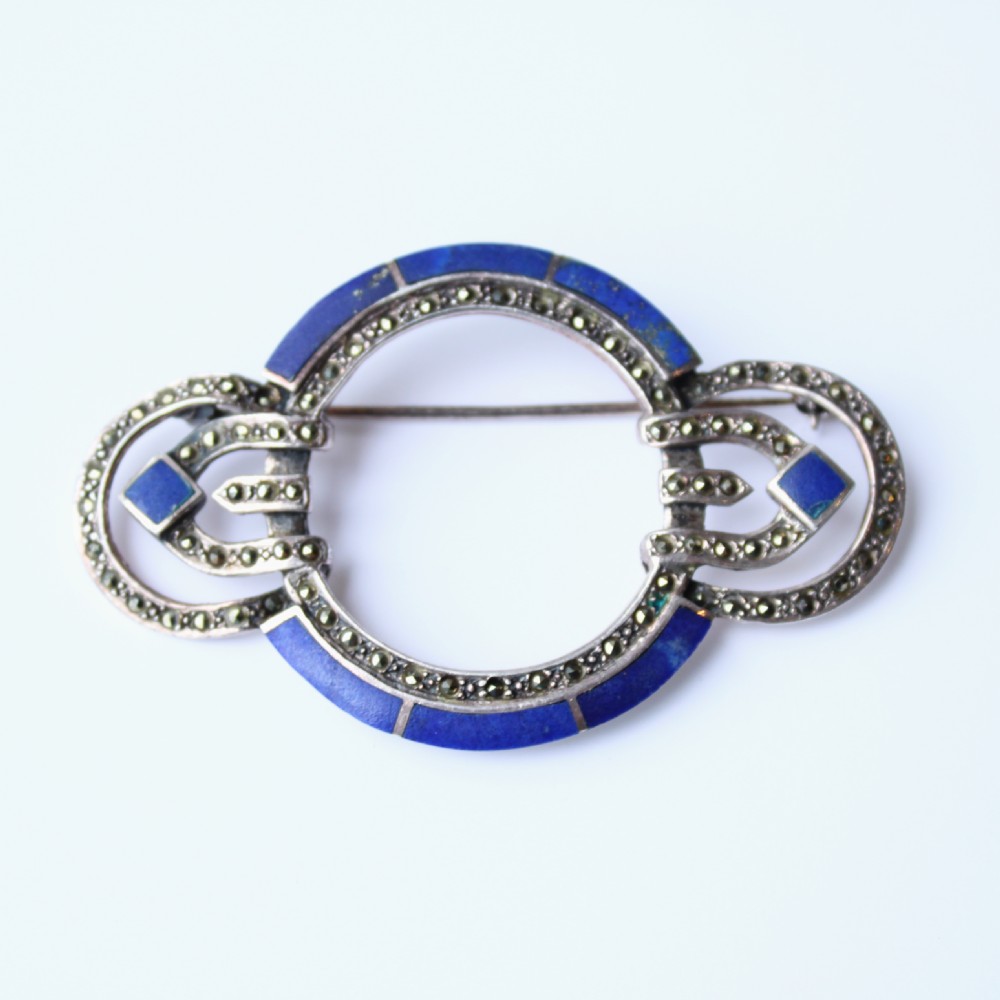 Art Deco Sterling Silver Lapis Lazuli Marcasite Statement Brooch

