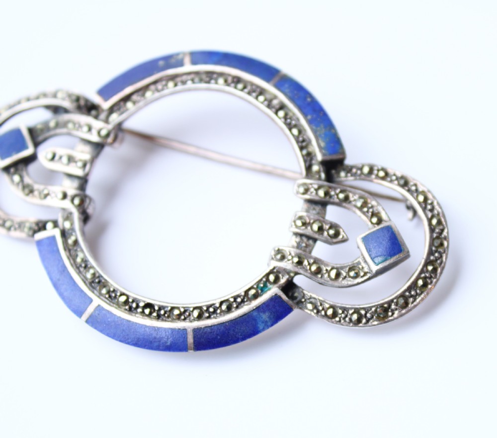 Art Deco Sterling Silver Lapis Lazuli Marcasite Statement Brooch

 View III