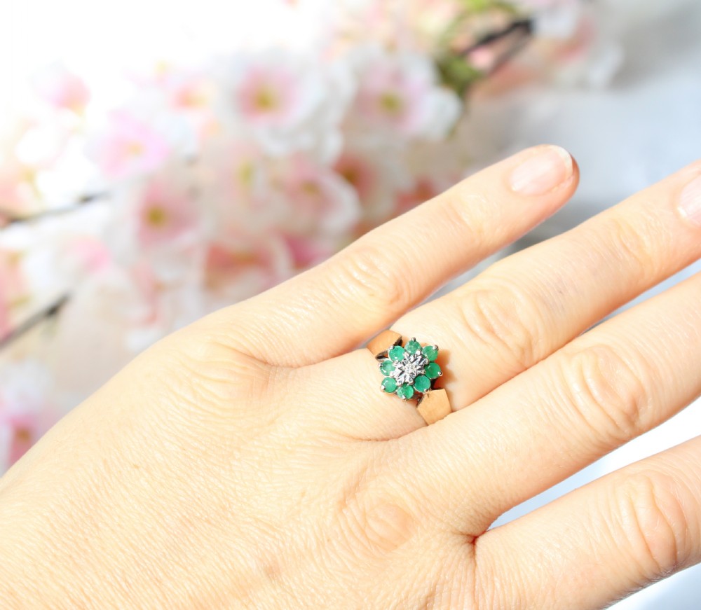 Vintage 9ct Gold Emerald & Diamond Ring View VI