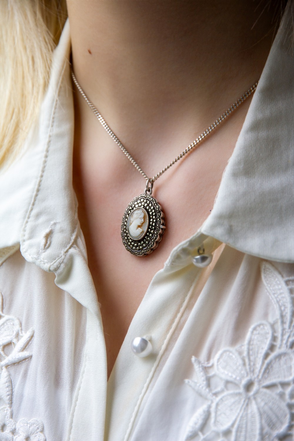Antique Carved Shell Cameo Lady Locket Adorned with Marcasites View IV