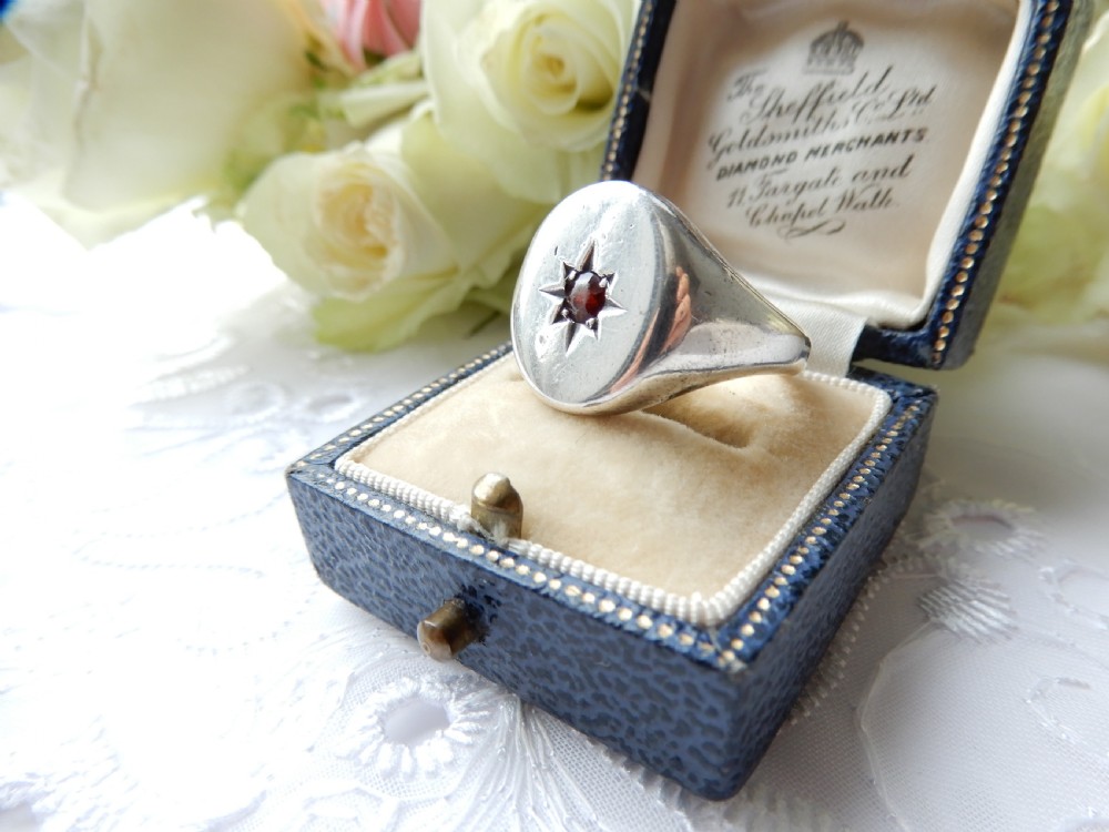 Chunky Antique Solid Silver Garnet Signet Ring  
