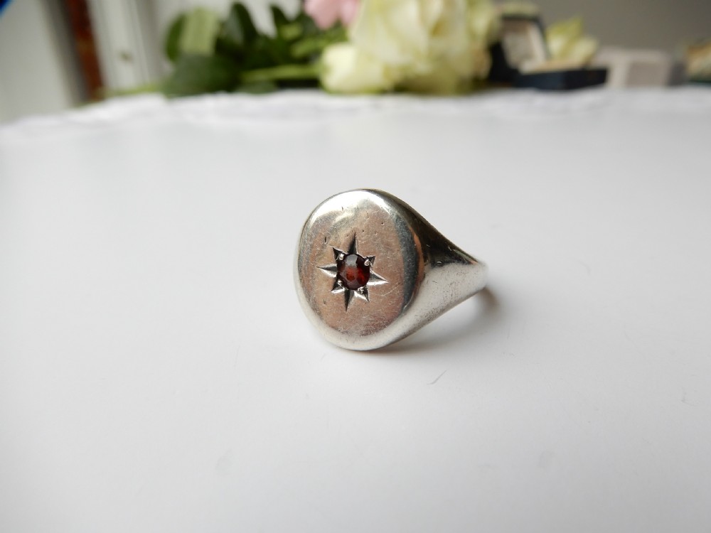 Chunky Antique Solid Silver Garnet Signet Ring   View II