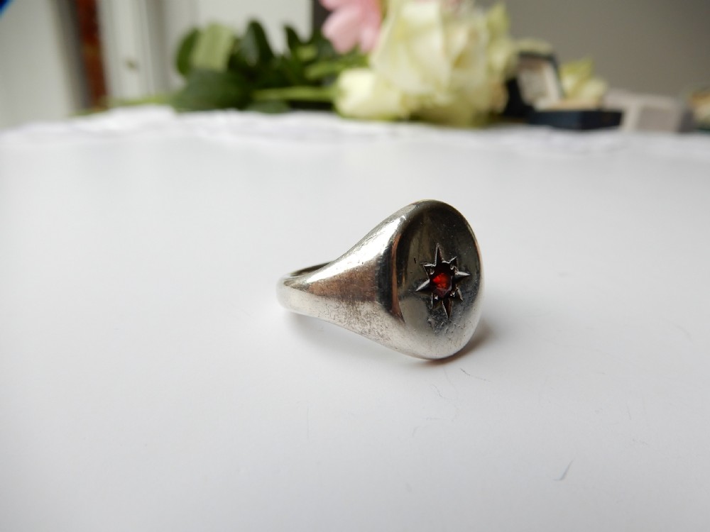 Chunky Antique Solid Silver Garnet Signet Ring   View IV