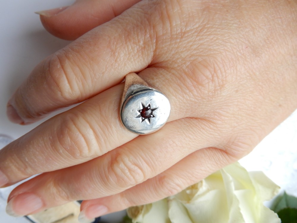 Chunky Antique Solid Silver Garnet Signet Ring   View VII