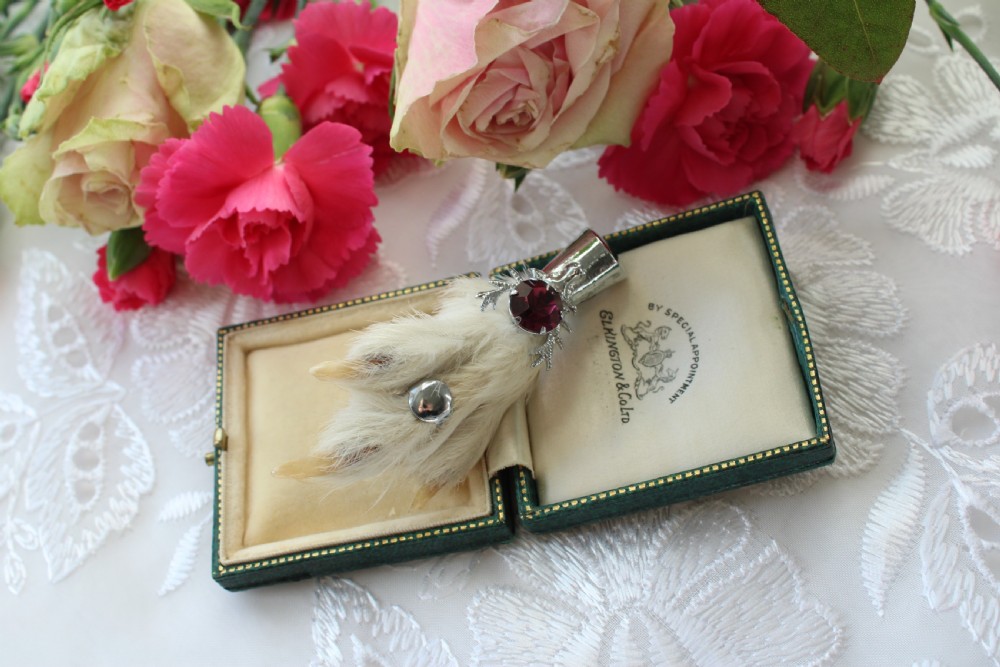 A Scottish grouse foot brooch mounted in a silver-tone metal cap featuring a faceted purple rhinestone. View II