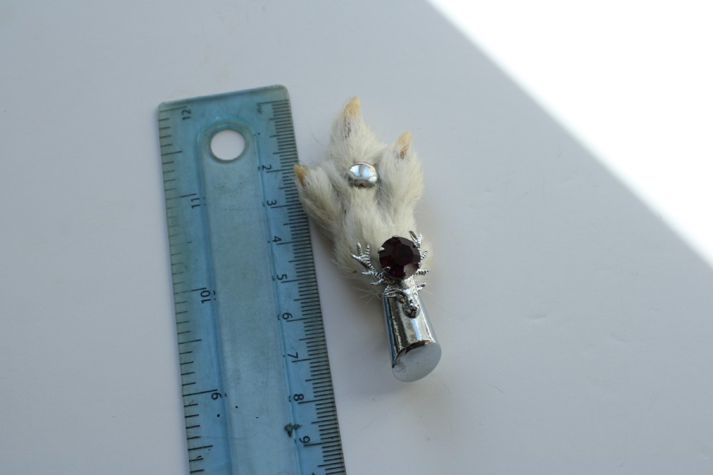 A Scottish grouse foot brooch mounted in a silver-tone metal cap featuring a faceted purple rhinestone. View V