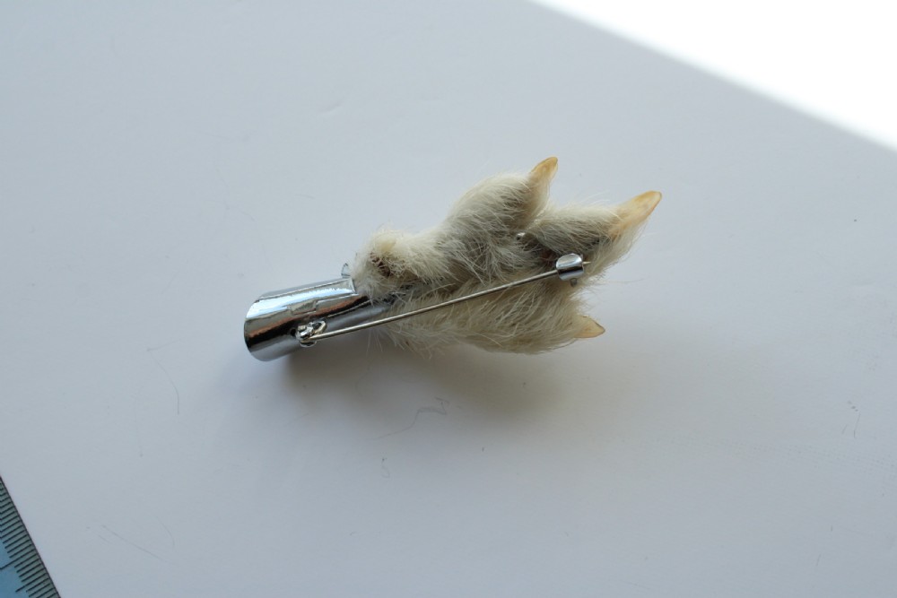 A Scottish grouse foot brooch mounted in a silver-tone metal cap featuring a faceted purple rhinestone. View VI