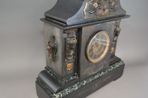LARGE VICTORIAN BRONZE MOUNTED SLATE AND MARBLE MANTEL CLOCK - ADDITIONAL PHOTO 1