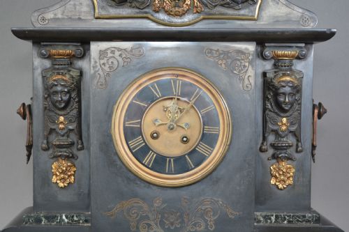 LARGE VICTORIAN BRONZE MOUNTED SLATE AND MARBLE MANTEL CLOCK - ADDITIONAL PHOTO 2