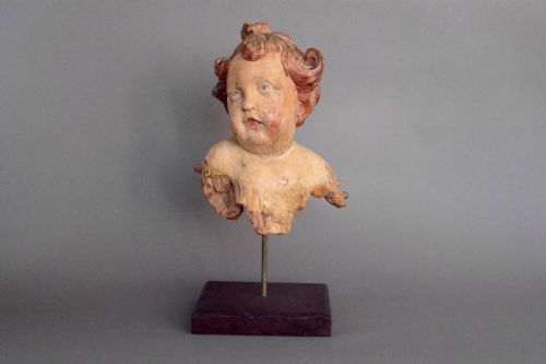 A Beautiful Antique Carved Wood Baroque Angel on Stand