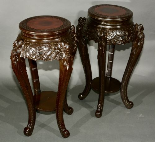 PAIR OF ANTIQUE ASIAN CARVED WOOD LACQUERED PLANT OR VASE STAND - ADDITIONAL PHOTO 1