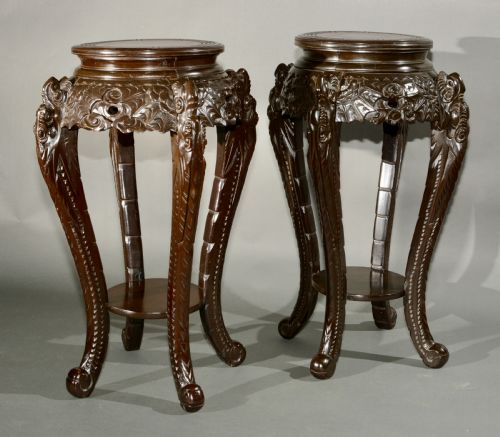 PAIR OF ANTIQUE ASIAN CARVED WOOD LACQUERED PLANT OR VASE STAND - ADDITIONAL PHOTO 3