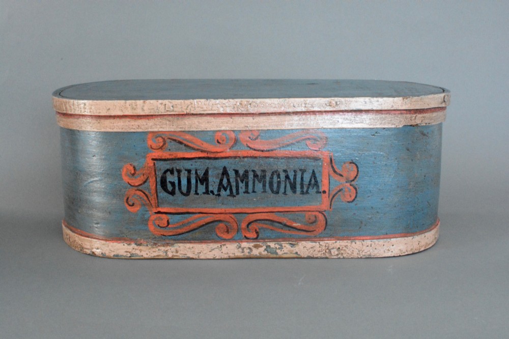 An oval 19th-century bentwood apothecary box painted in slate blue with cream borders and a hand-lettered red cartouche displaying the text GUM AMMONIA.