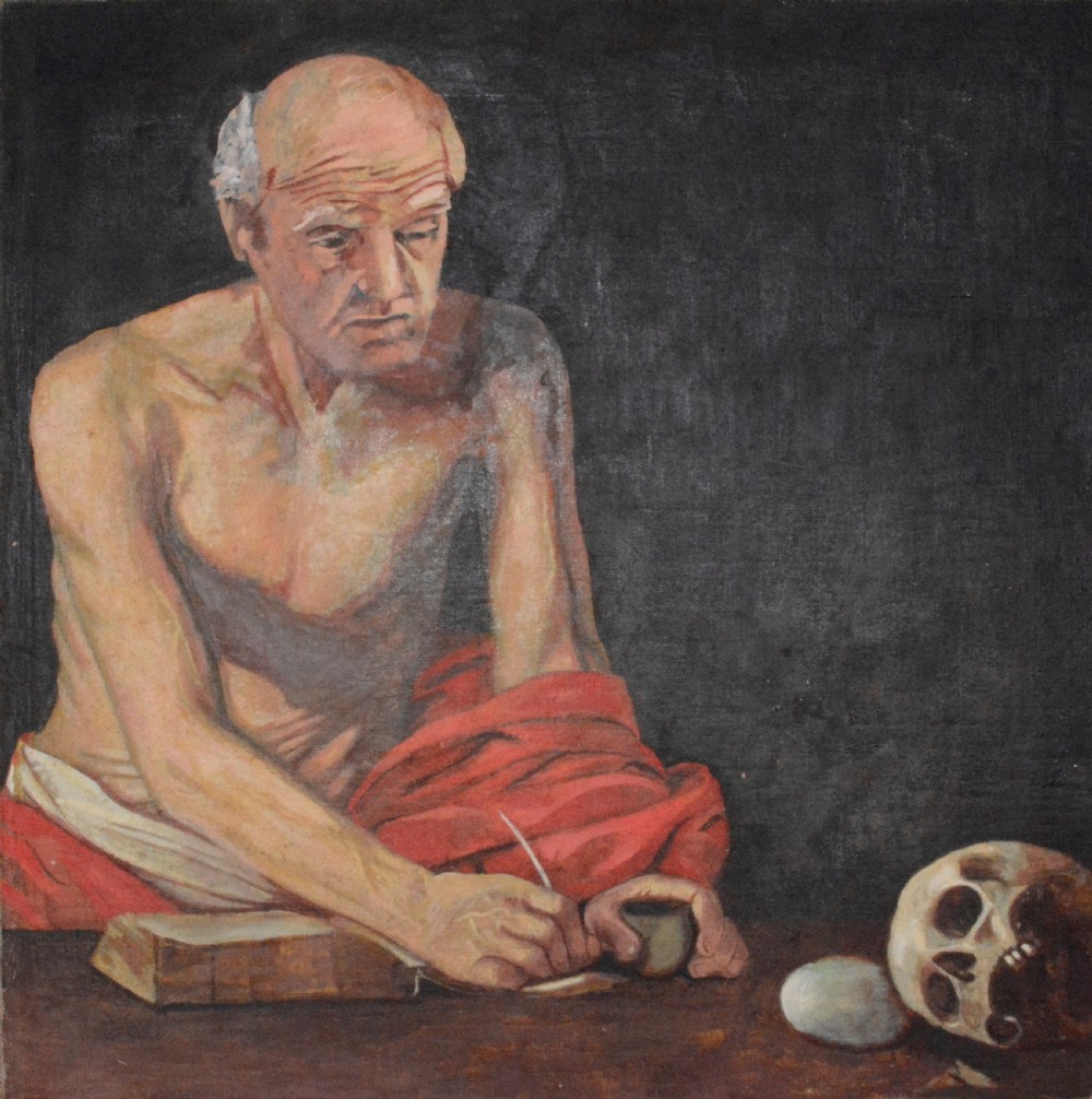 An oil painting on canvas depicting Saint Jerome writing in a book beside a human skull and stone against a dark background.