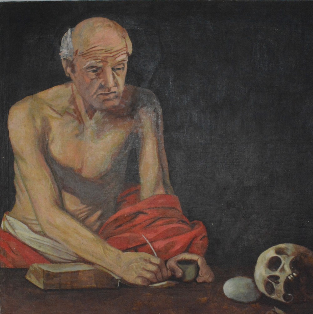 An oil painting on canvas depicting Saint Jerome writing in a book beside a human skull and stone against a dark background. View II