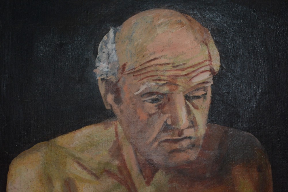 An oil painting on canvas depicting Saint Jerome writing in a book beside a human skull and stone against a dark background. View IV