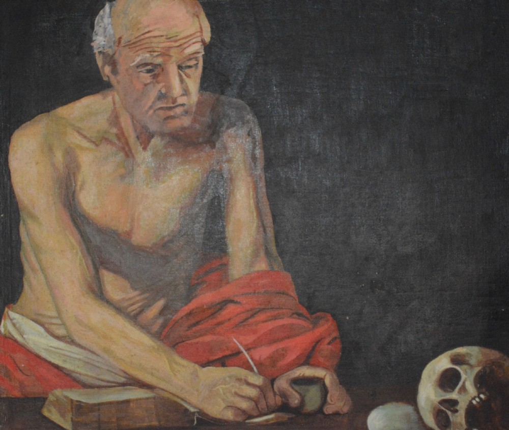 An oil painting on canvas depicting Saint Jerome writing in a book beside a human skull and stone against a dark background. View V