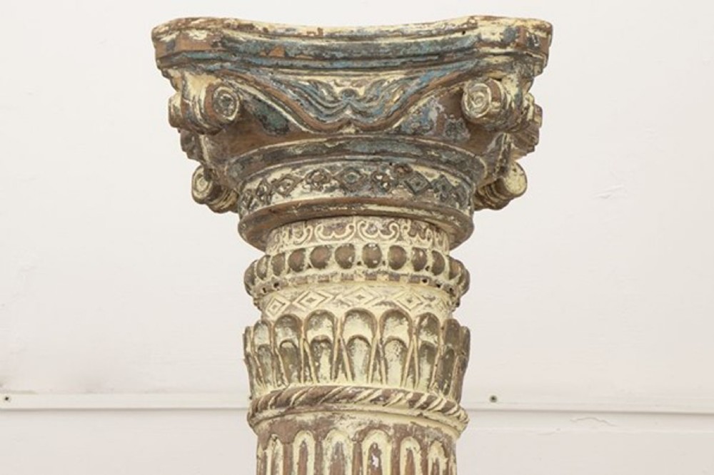 A tall 19th-century fluted architectural column with a carved capital and distressed off-white finish on a square base. View IV