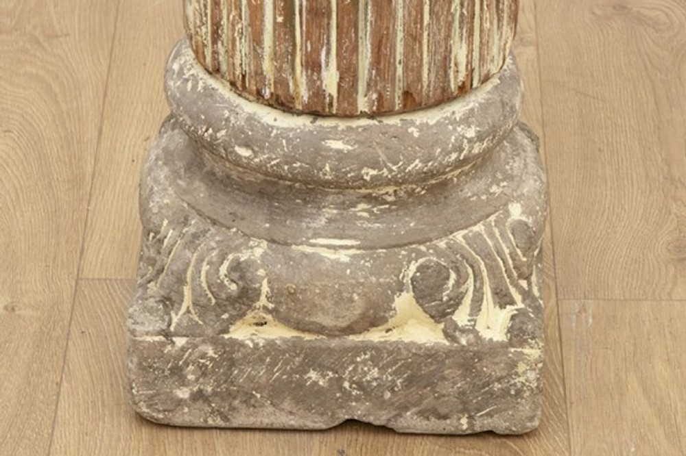 A tall 19th-century fluted architectural column with a carved capital and distressed off-white finish on a square base. View VI