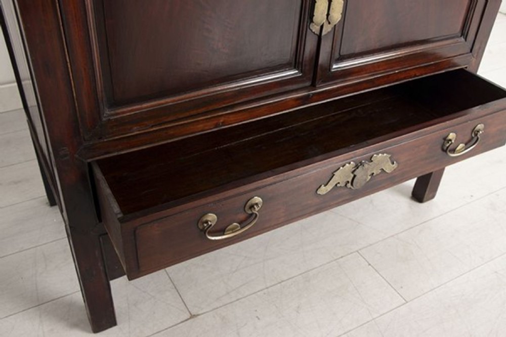 A tall late nineteenth-century Chinese dark brown lacquered wooden cabinet featuring panelled doors, multiple drawers, and decorative brass hardware plates. View IX