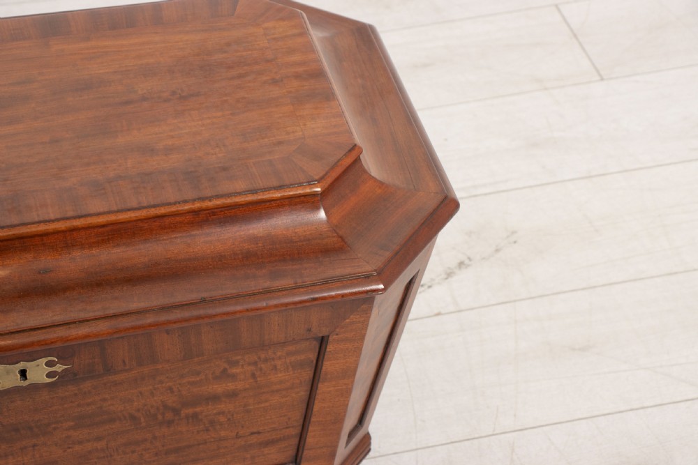 A Georgian mahogany sarcophagus-shaped cellarette featuring a stepped lid, brass escutcheon, flame veneer panels, and carved paw feet. View V
