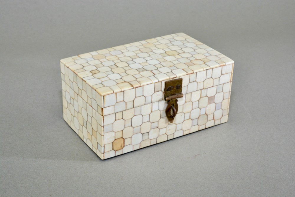 A small rectangular box coated in a mosaic pattern of off-white specimen bone tiles with a central brass latch.