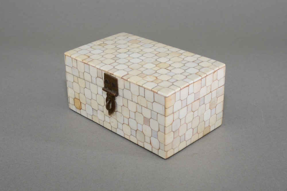 A small rectangular box coated in a mosaic pattern of off-white specimen bone tiles with a central brass latch. View III