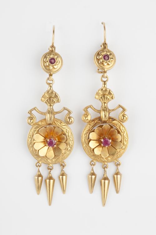 etruscan revival ruby victorian earrings - CATEGORY: ANTIQUE JEWELLERY - DATED VICTORIAN