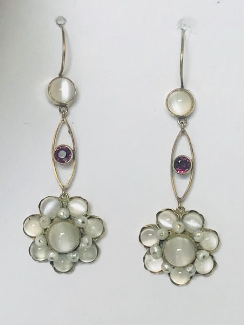 antique moonstone and ruby 15ct gold earrings - CATEGORY: ANTIQUE JEWELLERY - DATED VICTORIAN