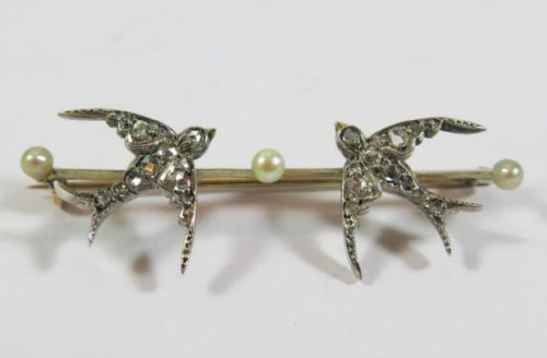 an edwardian diamond and pearl swallow brooch - CATEGORY: ANTIQUE JEWELLERY - DATED EDWARDIAN